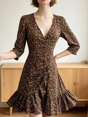 🐒🐒100% Silk, Floral Wrap V-Neck Brown Dress